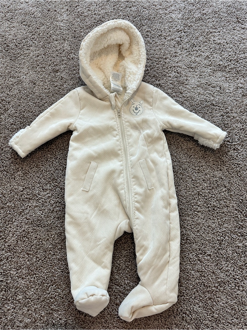 Disney Baby Winnie the Pooh Sherpa Lined Corduroy Hooded Bunting Suit 6-9M Cream